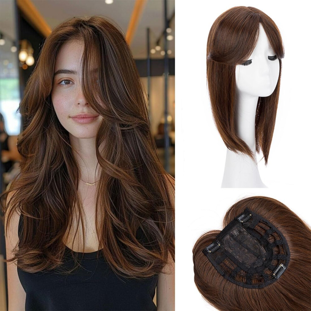 Unisex Brown Light 18 Inch Synthetic Hair Topper With Fringe, Large Base For Thinning Hair Volume Boost