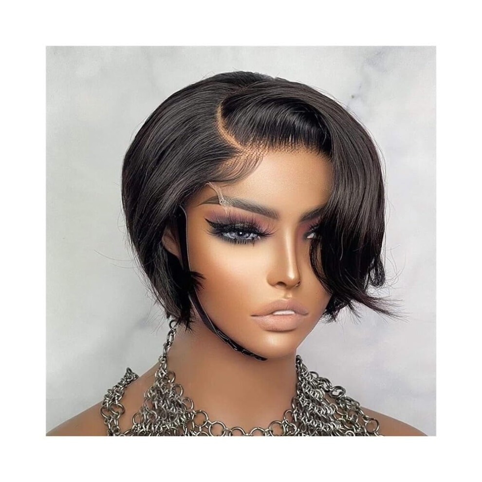 Unisex Black Human Hair Pixie Cut Wig Short Brazilian Bob Glueless T Part Lace Front 1B Natural