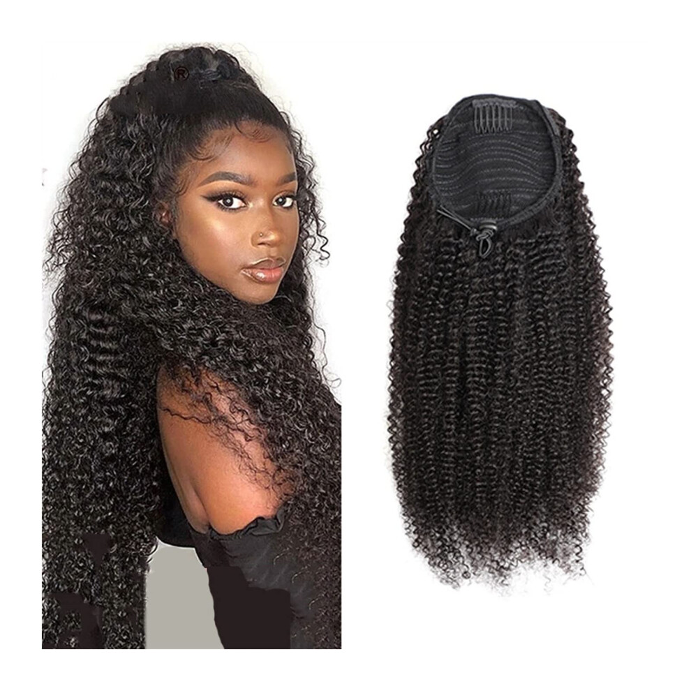 Unisex Black Brazilian Kinky Curly Human Hair Drawstring Ponytail Extension Natural For Women