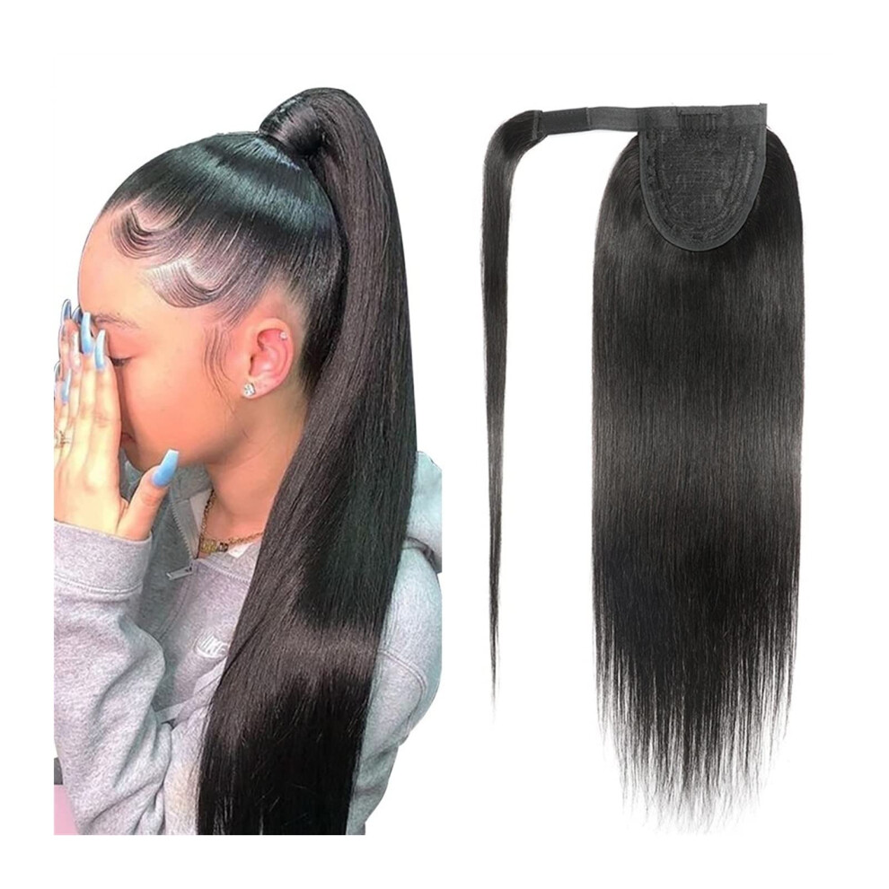 Unisex Black Human Hair Ponytail Extension 12Inch Straight Wrap Around Brazilian Remy Clip In Hairpiece Natural