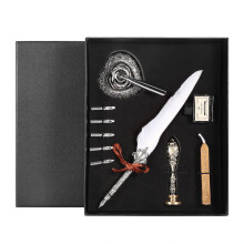 Stainless Steel Pen Nib Feather Calligraphy Dip Pen Ink Set Natural Feathers Comfortable Grip Fire Paint Wax Engraved Pen Holder Elegant Sealing Tool