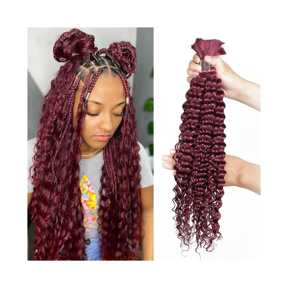 Unisex Red 99J Burgundy Human Hair For Braiding, 30 Inch Brazilian Deep Wave Bulk Extensions, Noweft Virgin Hair