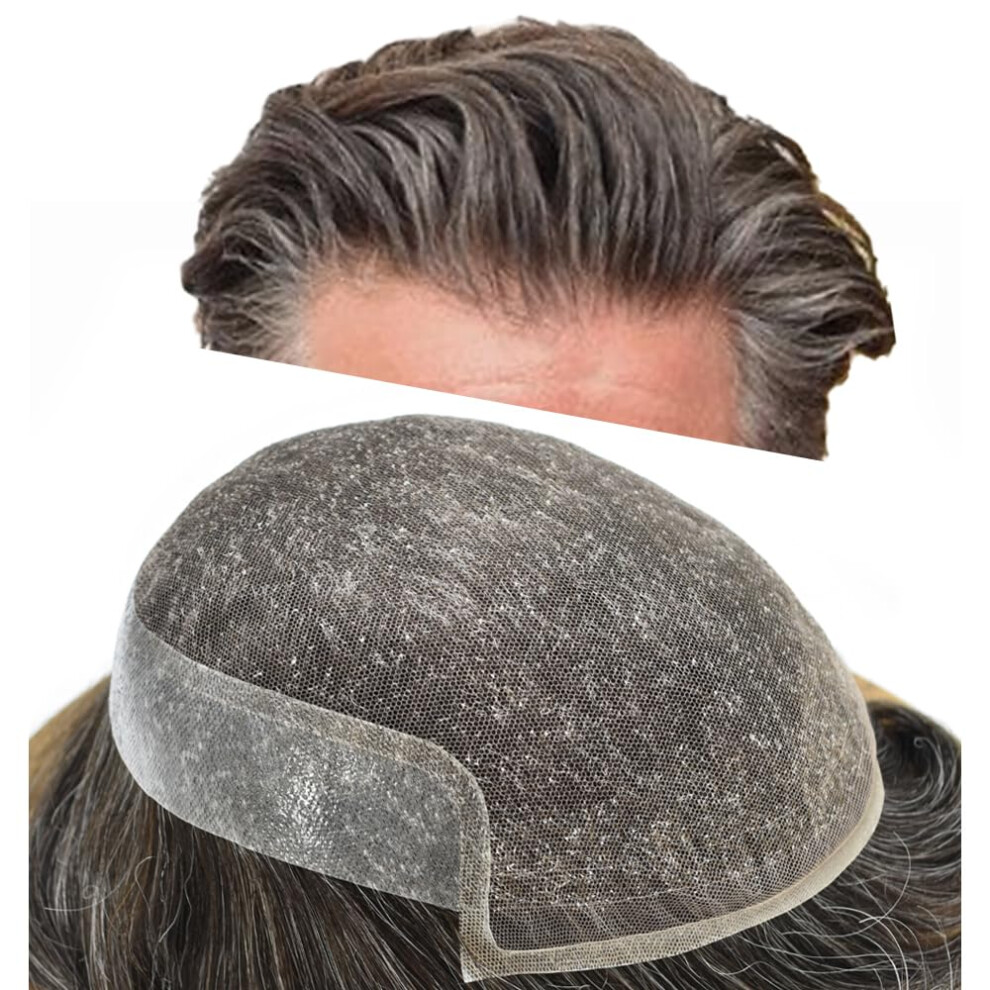 Unisex Brown Men's Human Hair Toupee Swiss Lace 8X10 Breathable Base Undetectable Hairline Dark With Gray
