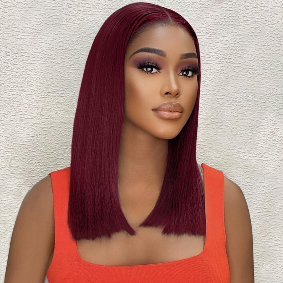 Unisex Red 14 Inch Burgundy Bob Lace Front Human Hair Wig, Glueless Pre Plucked 13X4, 180 Density