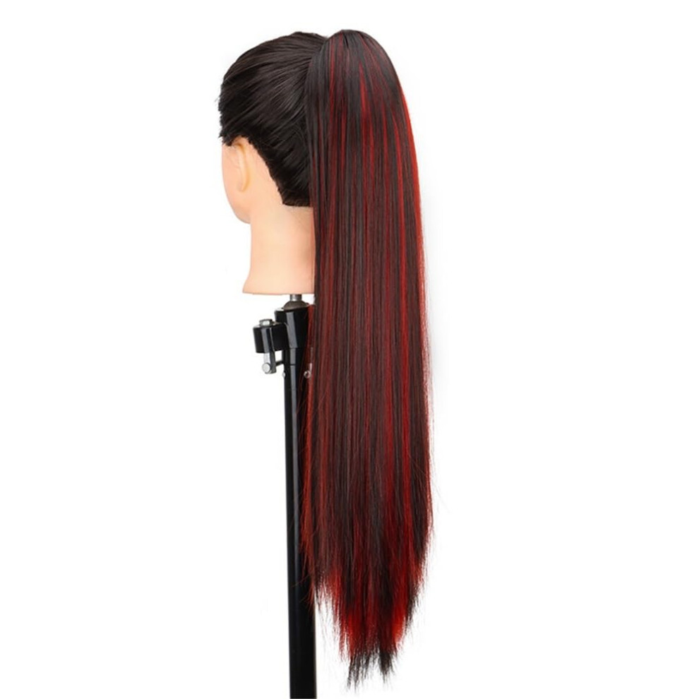Black and Red Clip In Ponytail Extension 24 Inch Heat Resistant Synthetic Hairpiece for Women