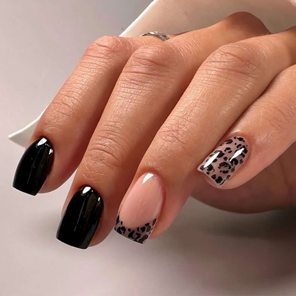Short Square Press On Nails Black and Leopard Design Quick Salon Manicure Multiple Sizes