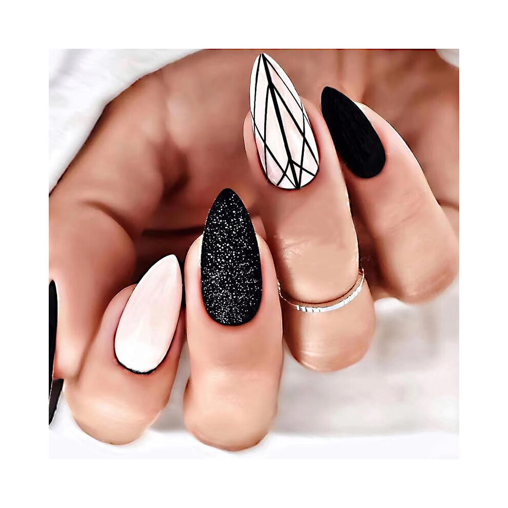 Almond French Tip Press On Nails Fake Nails Kit, Reusable Full Cover Gel Acrylic with Glue and Tabs 24pcs