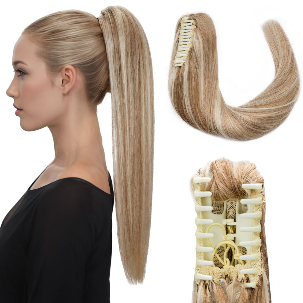 Unisex Brown 20 Inch Human Hair Claw Clip Ponytail Extension For Women, Golden Mix Bleach Blonde