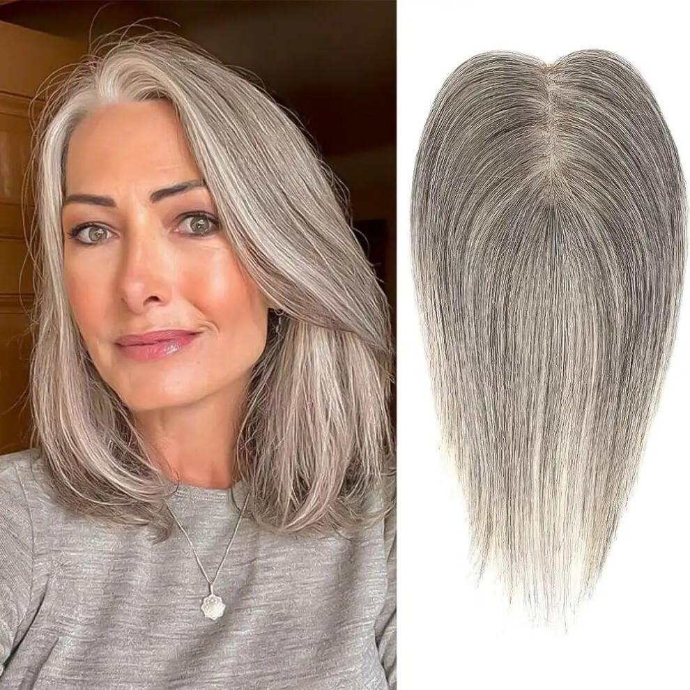 Unisex Light/Gray Remy Human Hair Topper With Bangs, Silk Base Crown Hairpiece For Thinning Hair Coverage