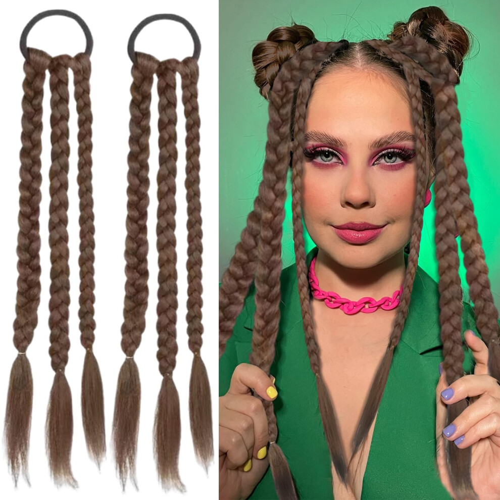 Unisex Brown 2Pcs Light Braided Ponytail Extensions Synthetic Hairpieces With Secure Elastic Band