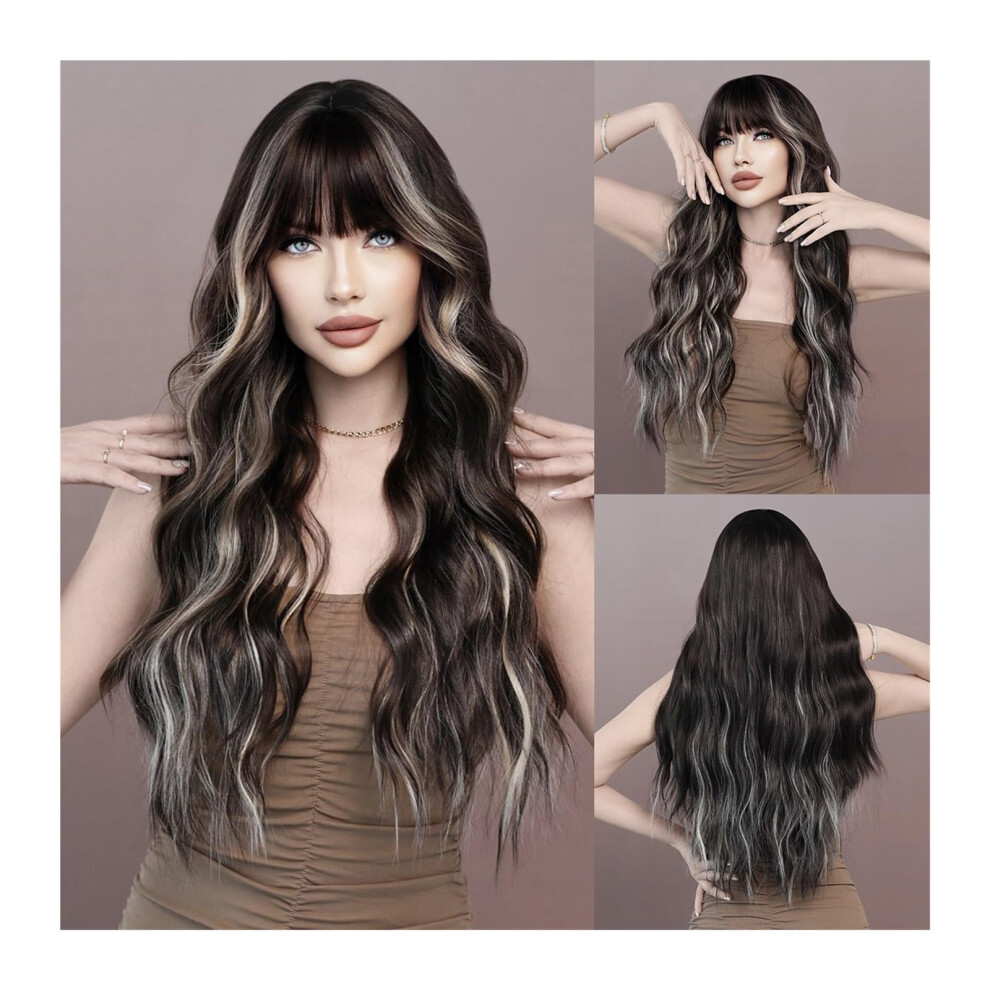 Unisex Women's Long Curly Wig With Bangs, 26 Inch Blonde Highlights, Heat Resistant Adjustable Fit