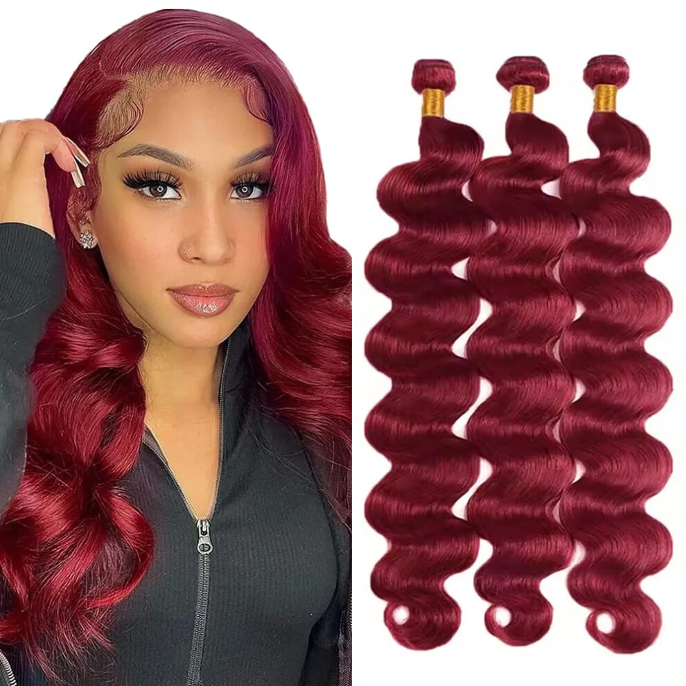 Unisex Red 99J Burgundy Brazilian Body Wave Human Hair Bundles 3Pcs 16In Virgin Remy Extensions