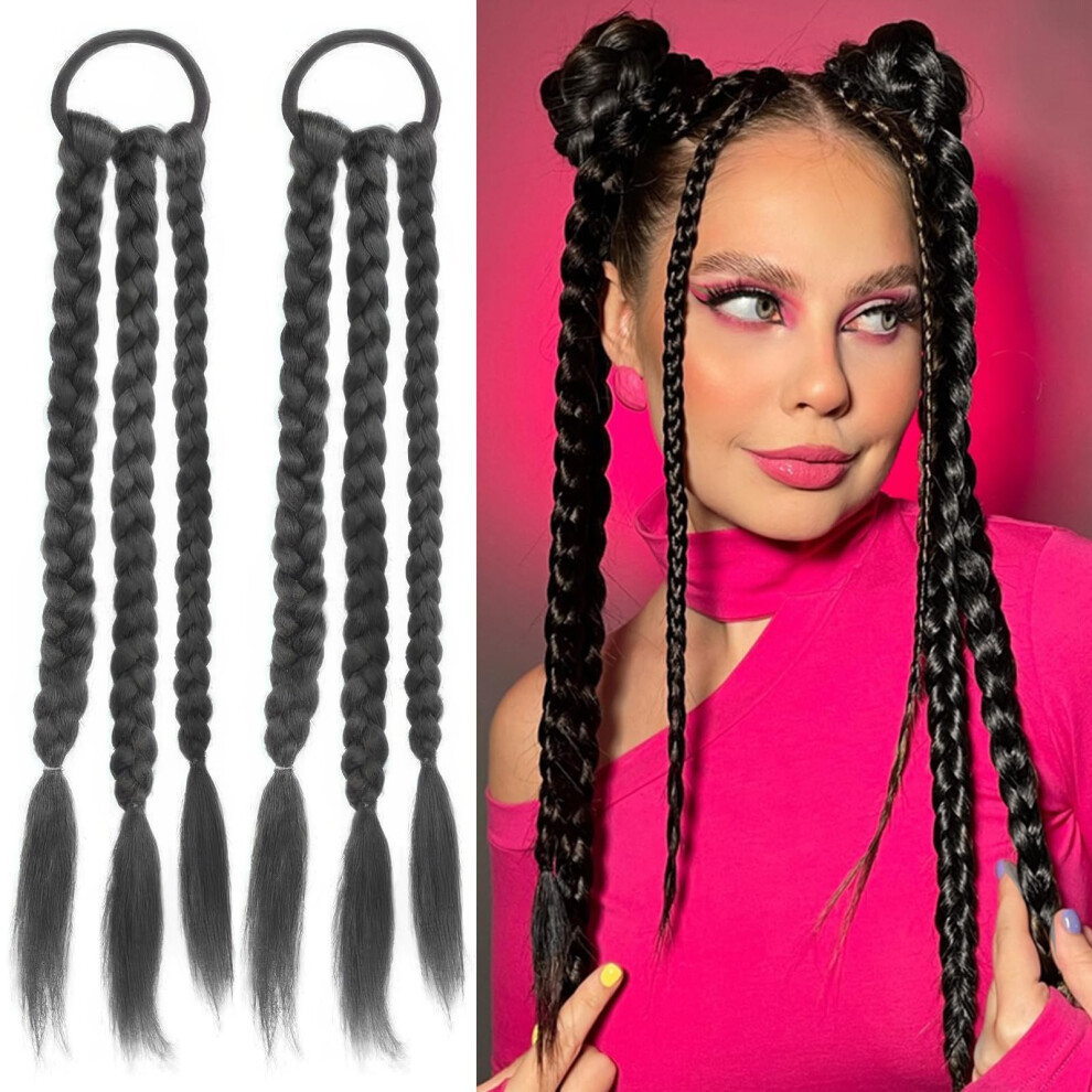 Unisex Black Braided Ponytail Extensions Synthetic Hairpieces With Hair Ties Easy Attach For Women Girls