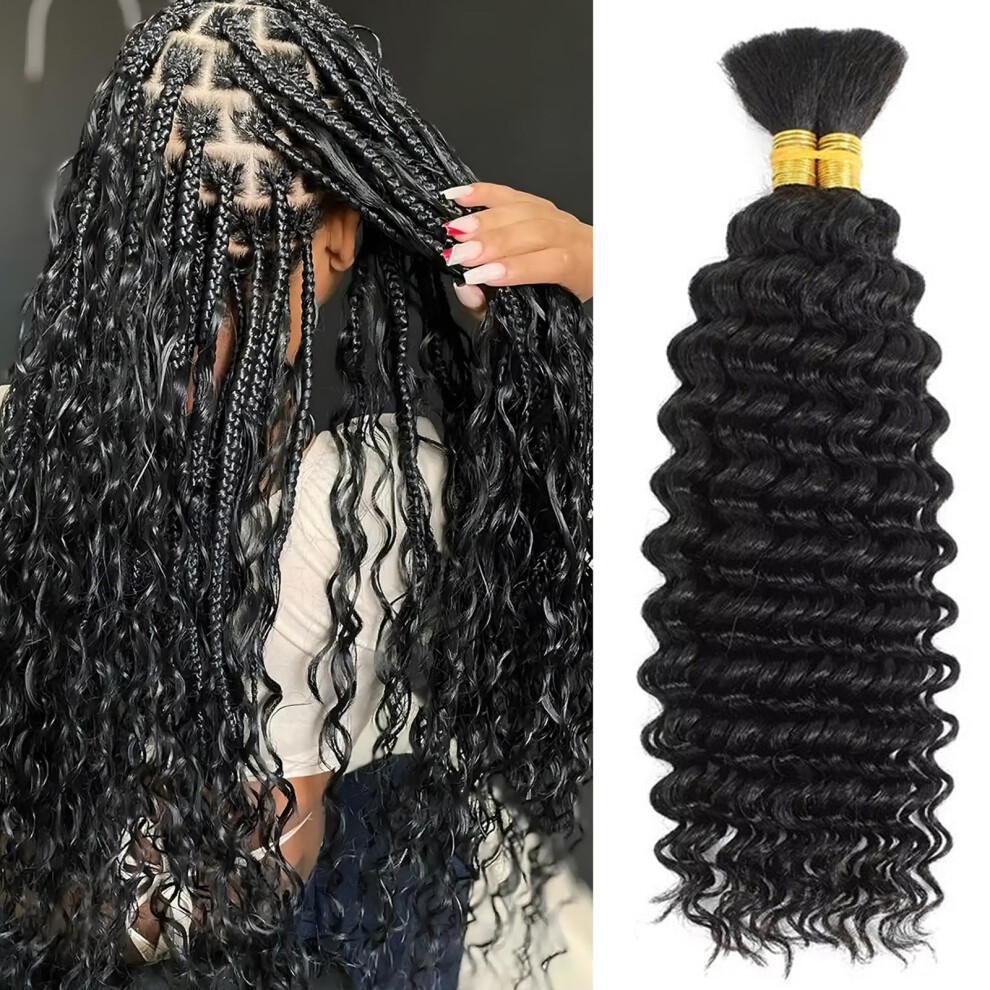 Unisex Black 16 Inch Deep Wave Human Braiding Hair, Unprocessed Virgin Brazilian Curly Extensions For Boho Braids, Natural