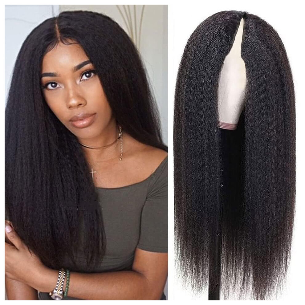 V Part Human Hair Wig 12in Dark Brown Kinky Straight Brazilian Virgin No Glue Natural Hairline 180% Density