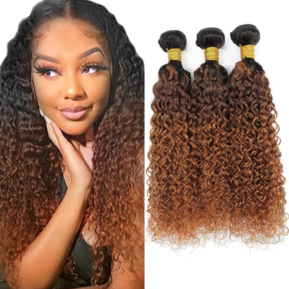 T1B/4/30 Jerry Curly Brazilian Virgin Human Hair Bundles Chocolate Brown Ombre Weave 16 18 20 Inch