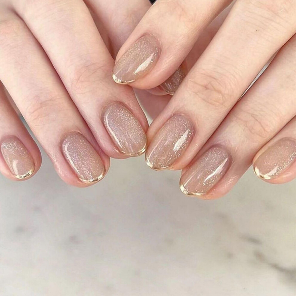 Medium Almond Press On Nails with Shimmering Powder French Tip Acrylic Fake Nails for Women 24pcs