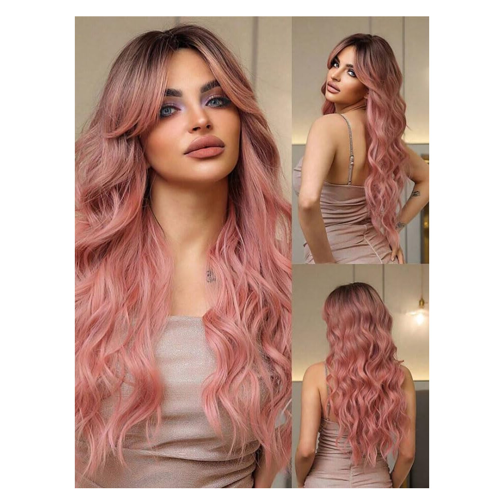 Unisex Pink 28 Inch Ombre Heat Resistant Wig Long Wavy Curly Glueless Synthetic Hair For Women