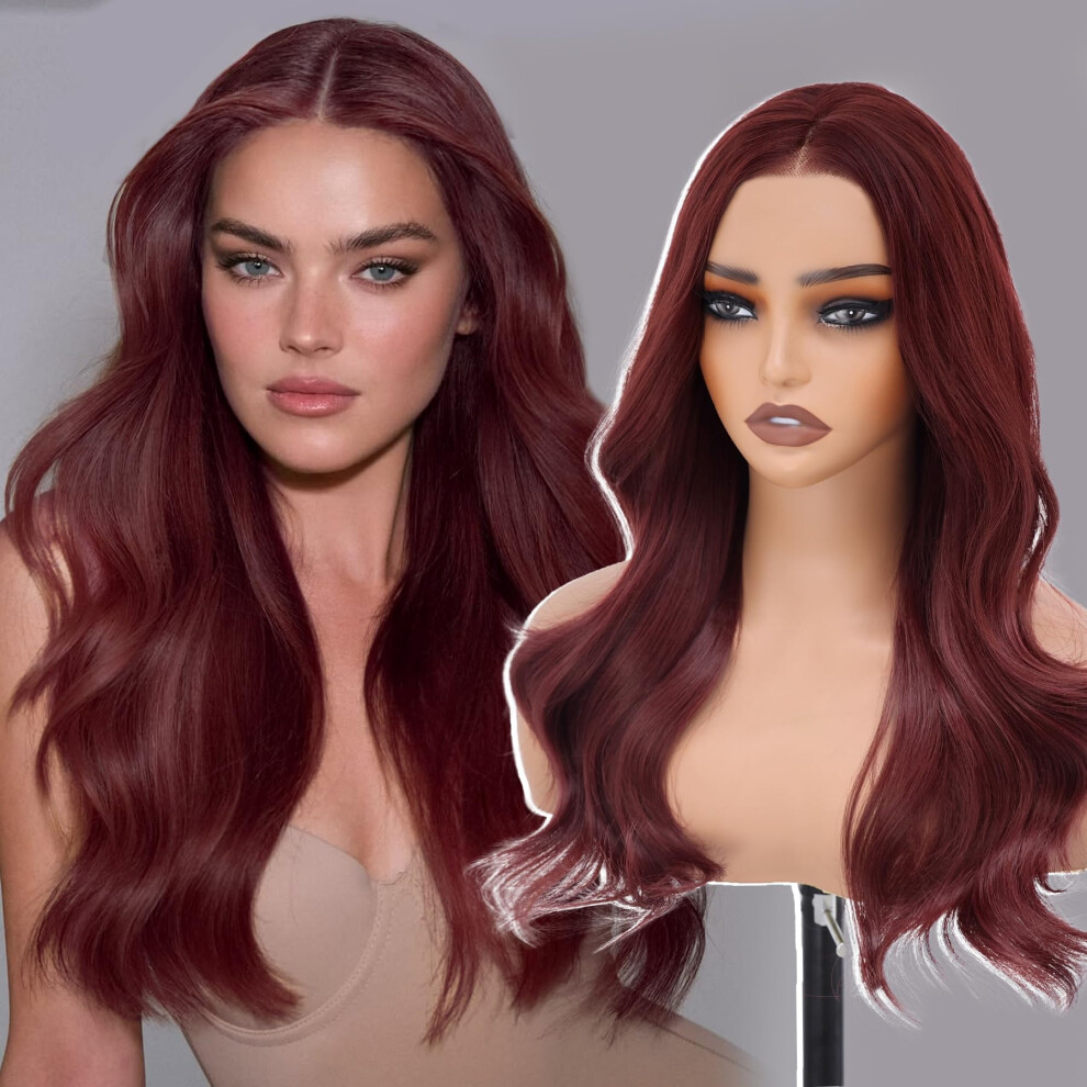 Wine Red 13x4 Synthetic Lace Front Wig Pre Plucked Heat Resistant Wavy Hair