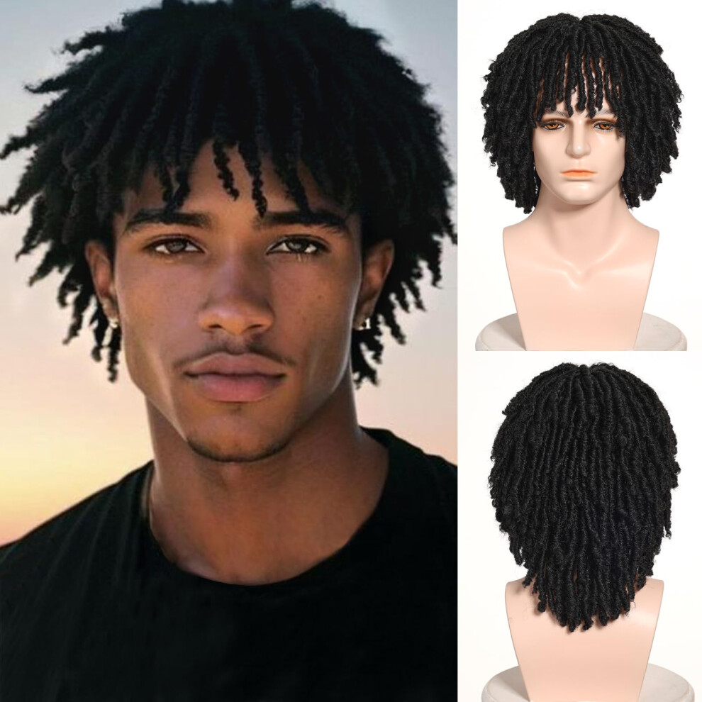 Unisex Black Short Dreadlock Wig For Men, Synthetic Afro Curly Crochet Twist, Natural Style, Hair