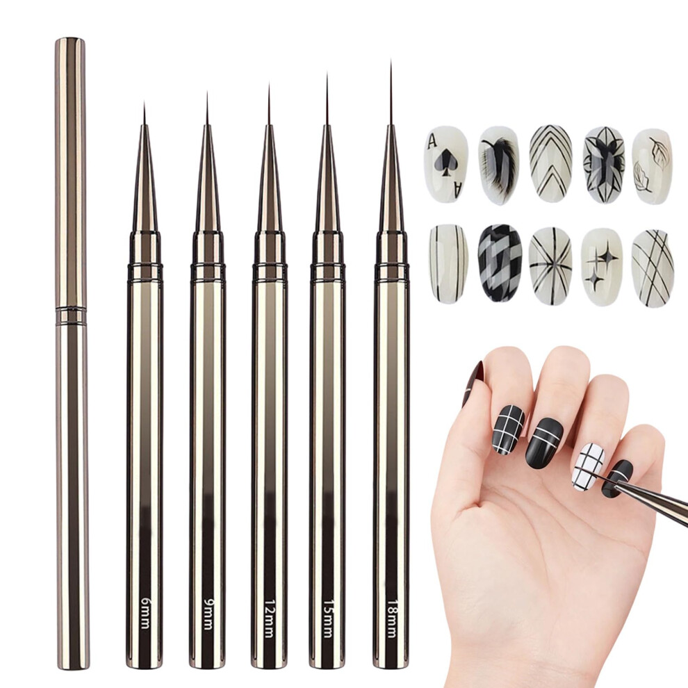 Nail Art Brushes Set 5pcs Fine Liner with 618mm Lengths for Precise Smooth Strokes and Gel Detail