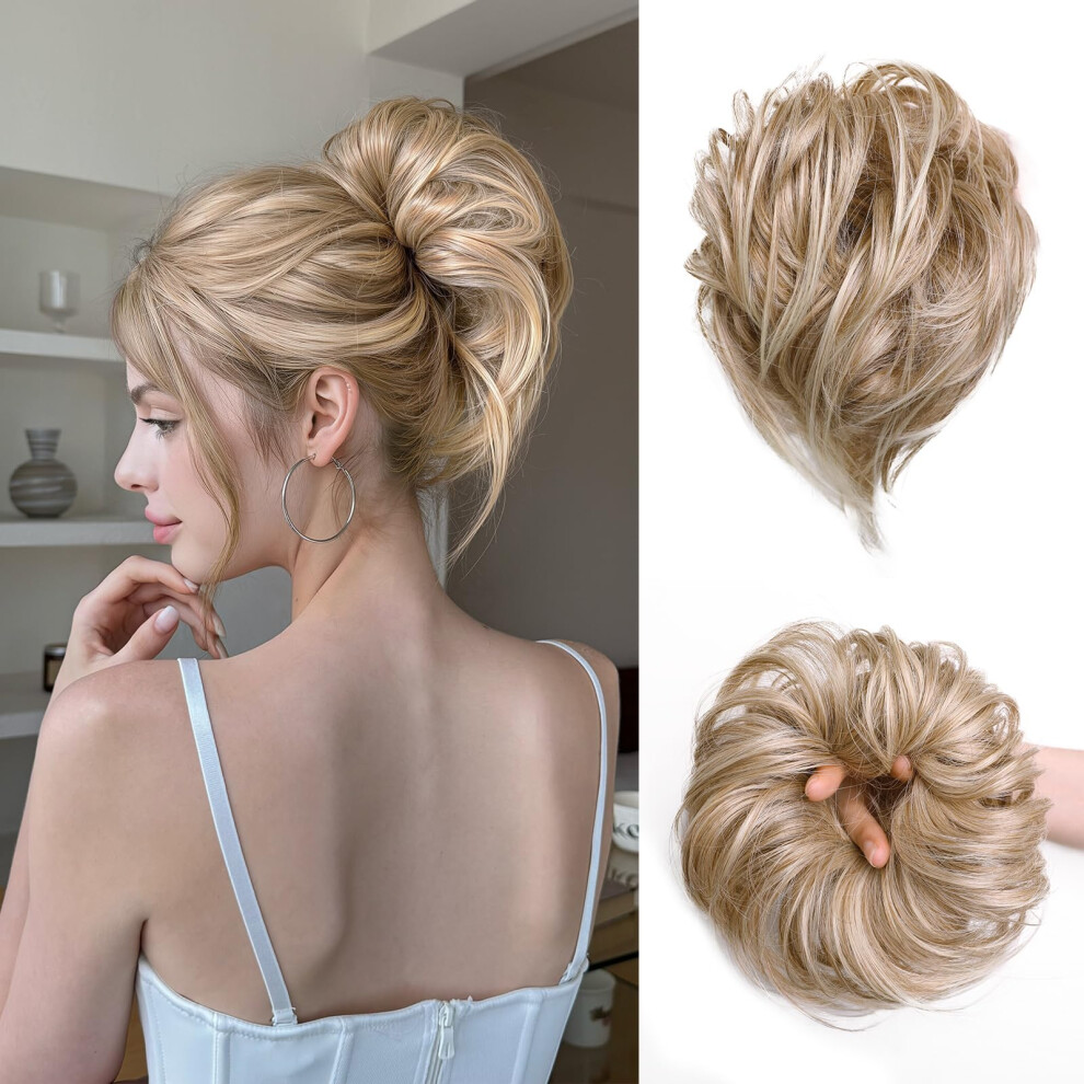 Unisex Messy Bun Hair Piece Synthetic Curly Hair Bun Extension With Blonde Highlights For Women, Instant Volume Boost