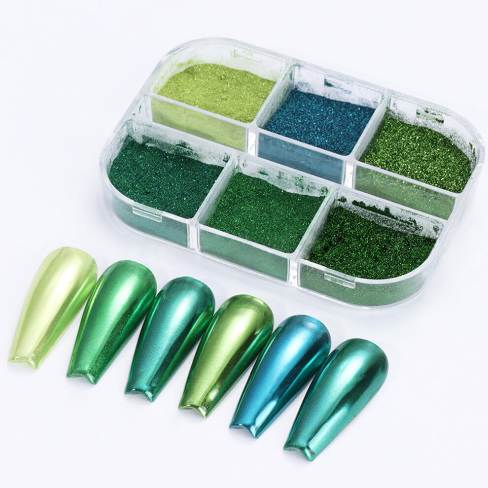 Green/Blue 6 Grids Chrome Nail Powder Mirror Effect Holographic Pigment For Gel Polish Manicure