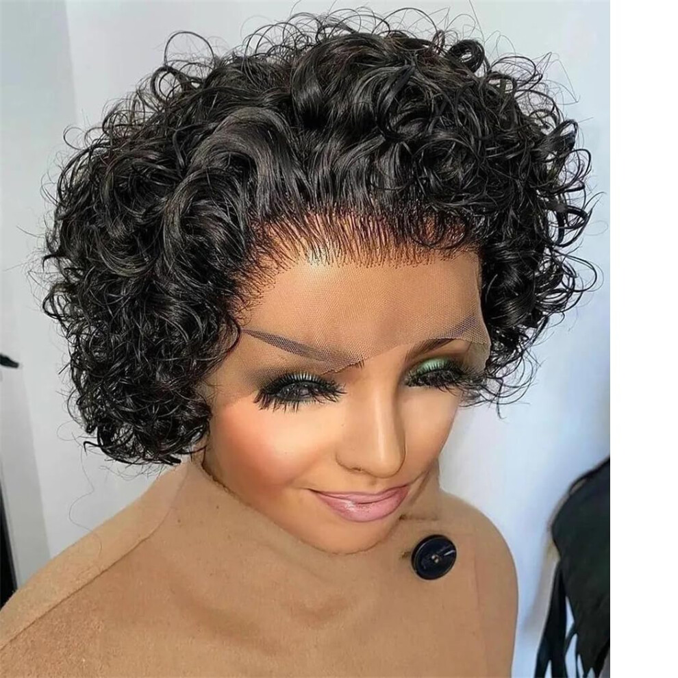 Unisex Human Hair Lace Front Wig Short Curly Pixie Cut Bob Natural Hairline 13X1 Low Maintenance