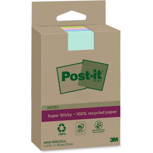 3M Super Sticky Recycled Notes 102x152mm 45 Sheets X 4 2