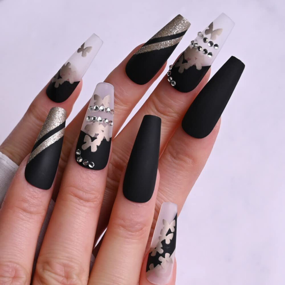 Black,Gold Black Matte Coffin Press On Nails With Chain, Gold Butterfly Acrylic False Nails For Christmas