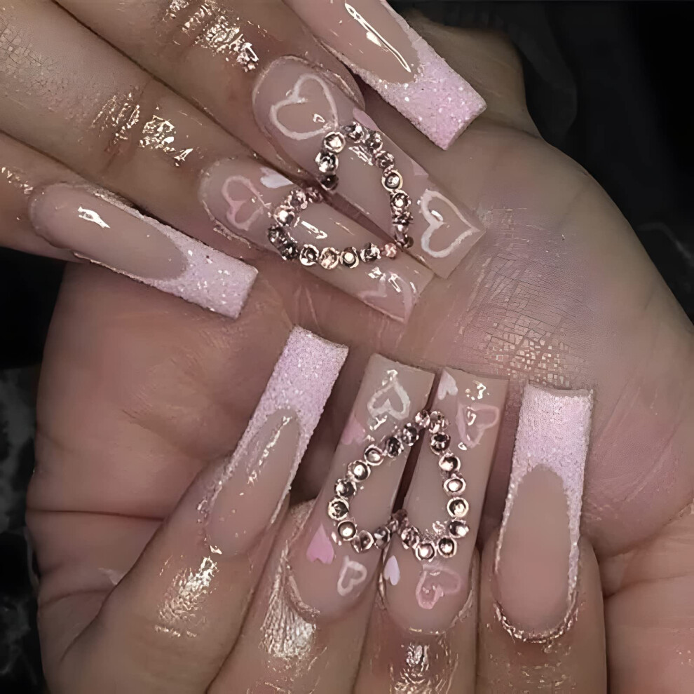 Pink Coffin Press On Nails with Rhinestones Heart Design, Long Glitter Fake Nails for Women
