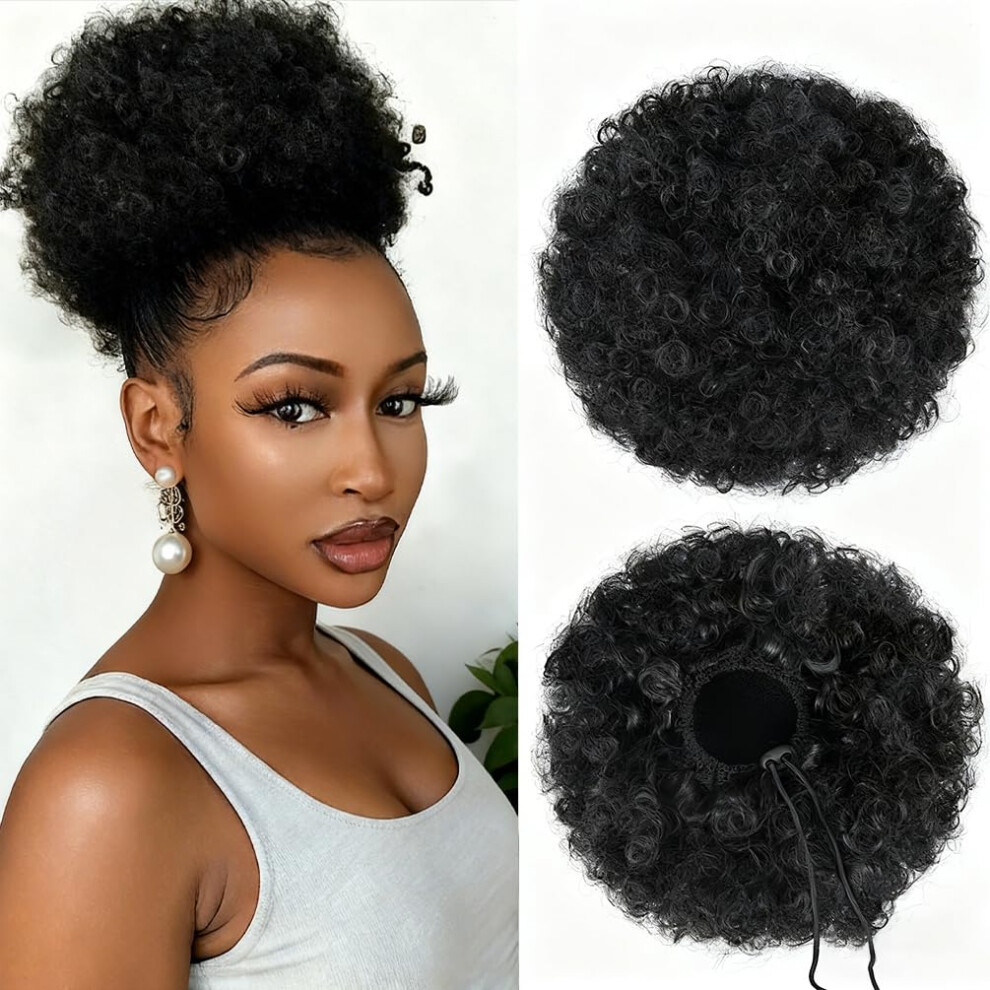 Unisex Black Afro Puff Drawstring Ponytail With Natural Kinky Curly Texture, 1B Synthetic Hair Bun For Women