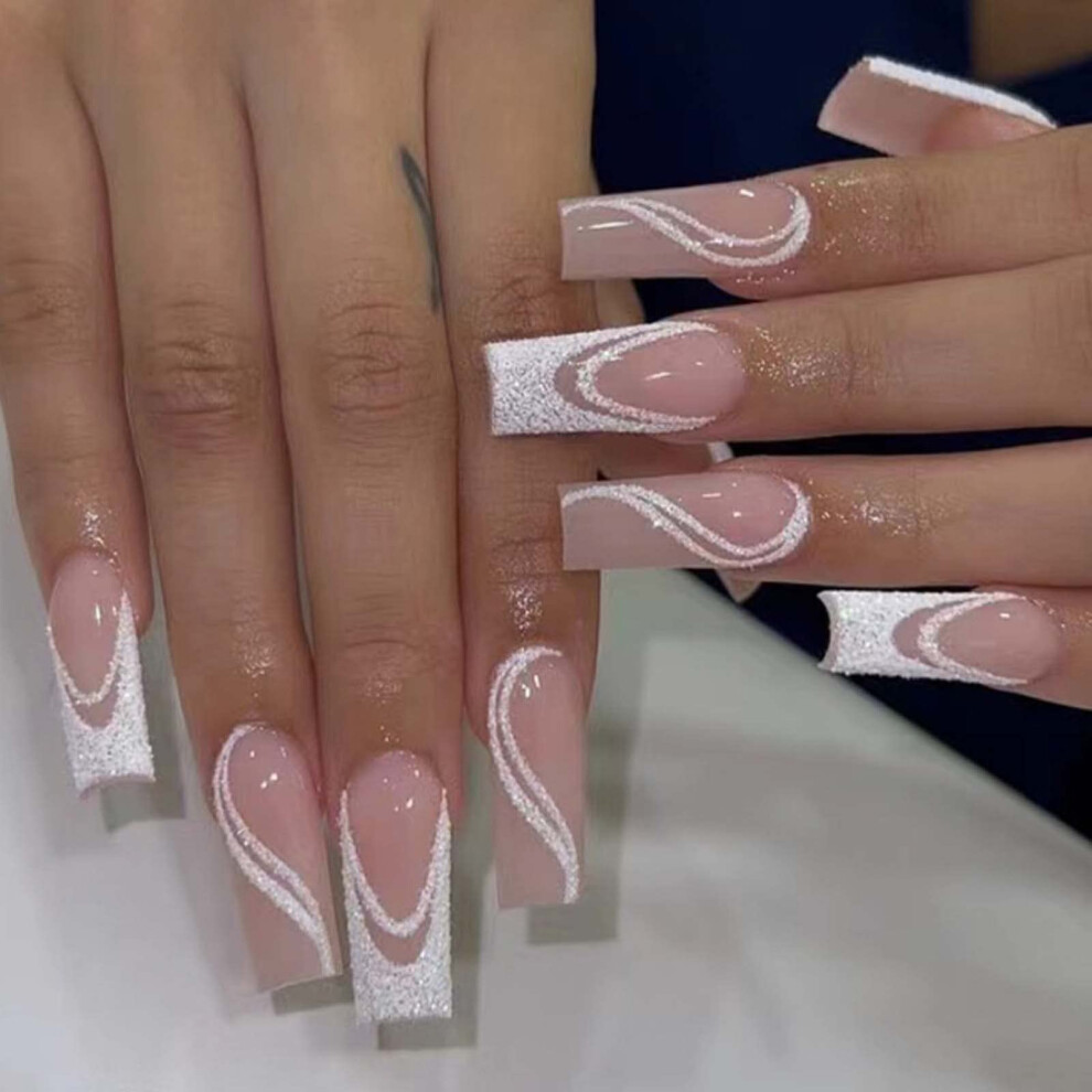Pink Medium Coffin Press On Nails Set Acrylic Swirl Fake Nails With Glue 24Pcs Reusable