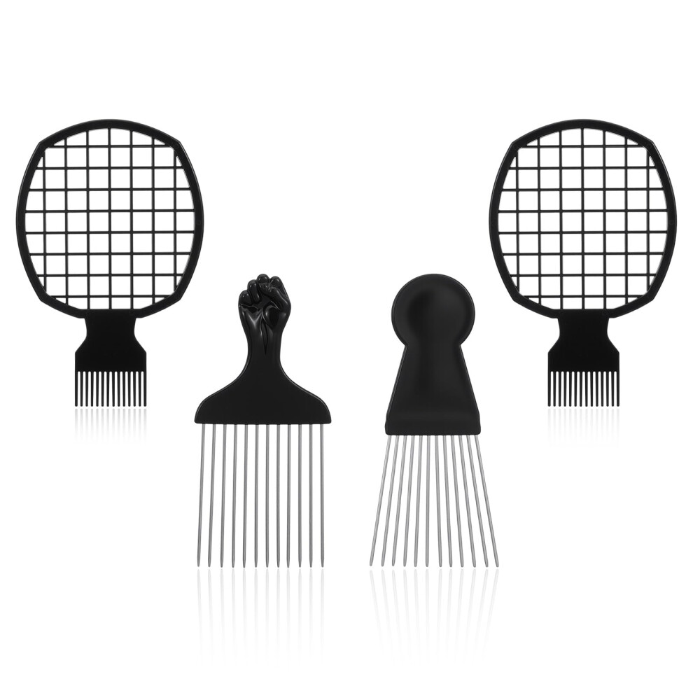 Unisex Afro Hair Pick Comb Set With Ergonomic Fist Grip, Stainless Steel Wide Tooth For Curly Natural Hair
