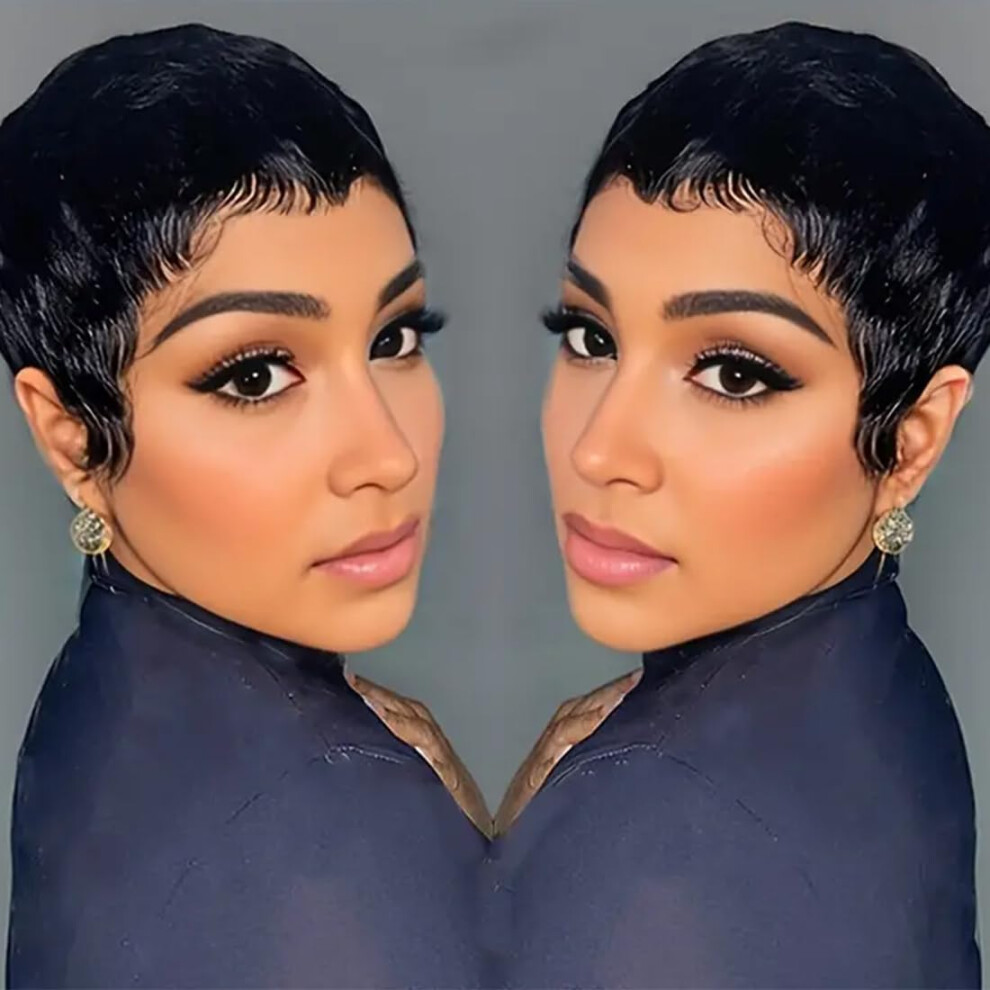 Unisex Black Pixie Cut Wig Human Hair Short Glueless Ready To Wear For Women Natural 1B