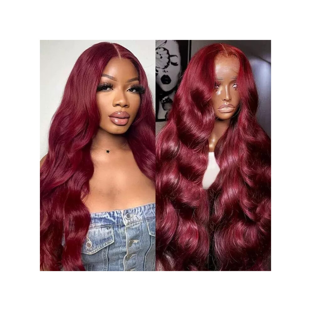 Unisex Red 32 Inch 99J Burgundy Lace Front Wig, Long Wavy Human Hair, Hd Lace, Preplucked Hairline