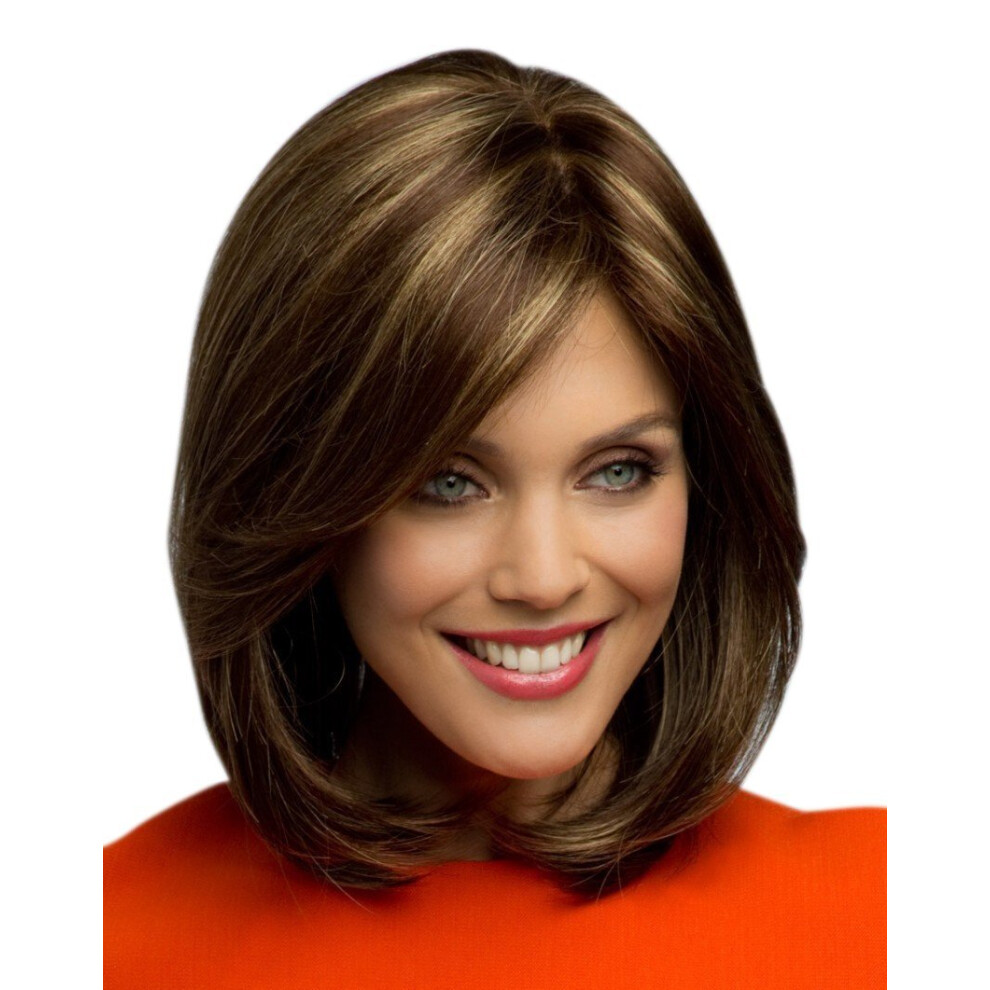 Unisex Brown Lace Front Bob Wig With Bangs, Blonde Highlights, Natural Hairline, Lightweight Synthetic Fiber