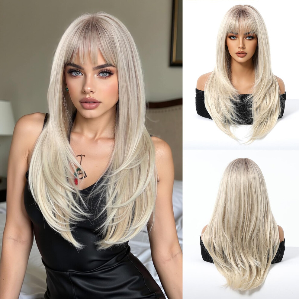 Unisex Long Straight Layered Wig With Bangs Ombre Ash Blonde 20 Inch Synthetic Wig For Women