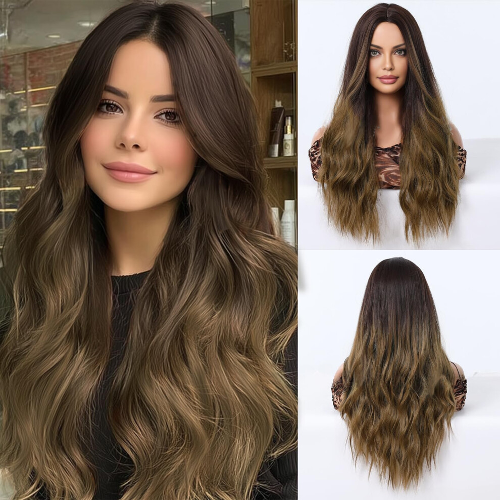 Unisex Brown Ombre Wig 22 Inch Long Wavy Synthetic Hair For Women With Natural Hairline And Adjustable Cap