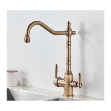 Gold 3 Way Kitchen Faucet with Drinking Water Tap Dual Handle Hot Cold Mixer Deck Mounted
