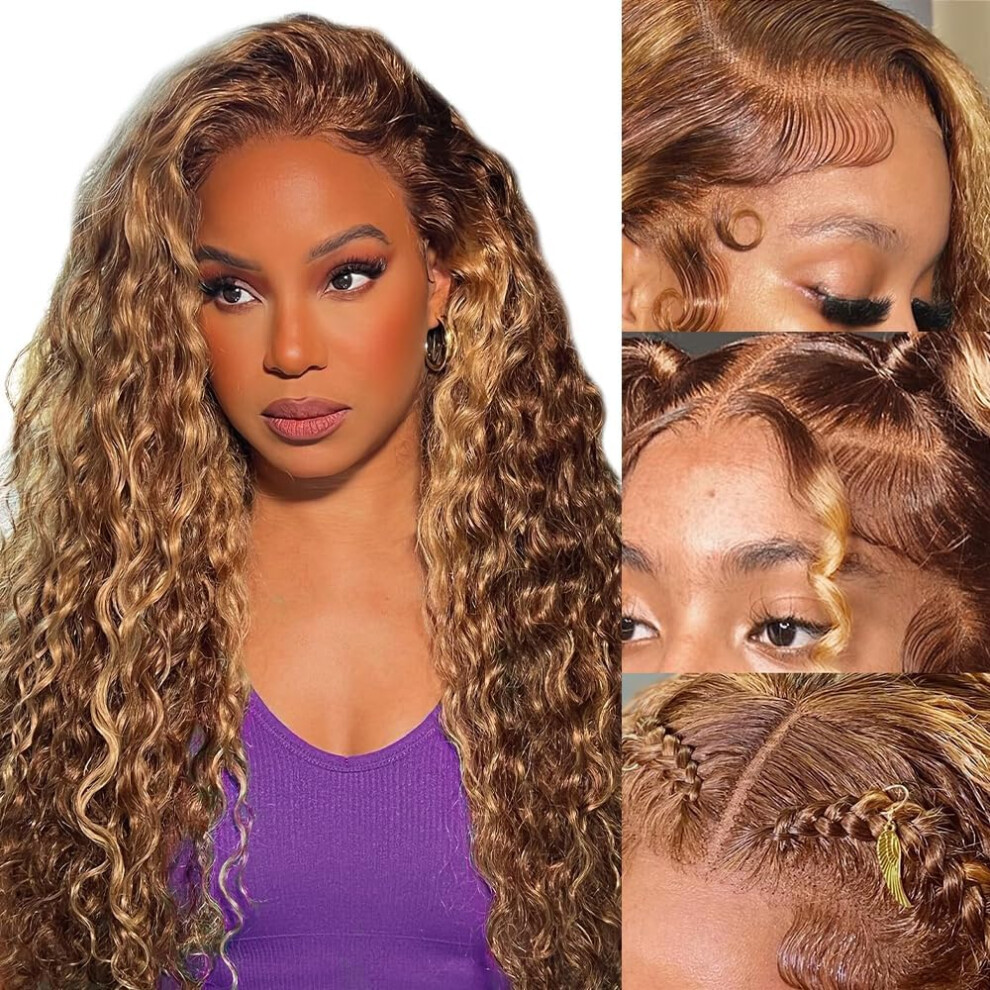 Unisex 24Inch Brazilian Deep Wave Human Hair Lace Front Wig 13X4 Highlight Ombre Honey Blonde Preplucked