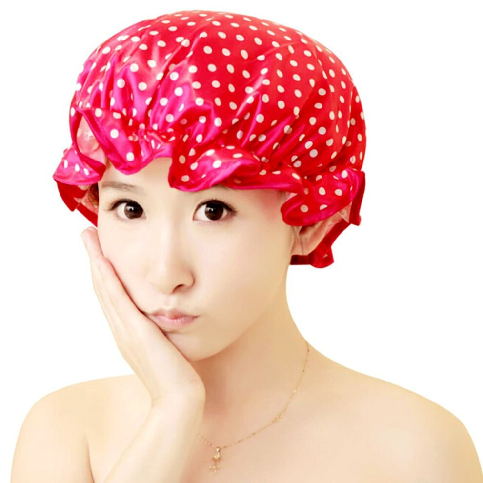 Waterproof Shower Cap for Women Double Layer Satin Lined Bath Cap with Peach Dots Design