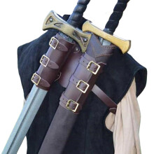 Medieval Double Sword Back Scabbard Leather Shoulder Harness for Cosplay and LARP Brown