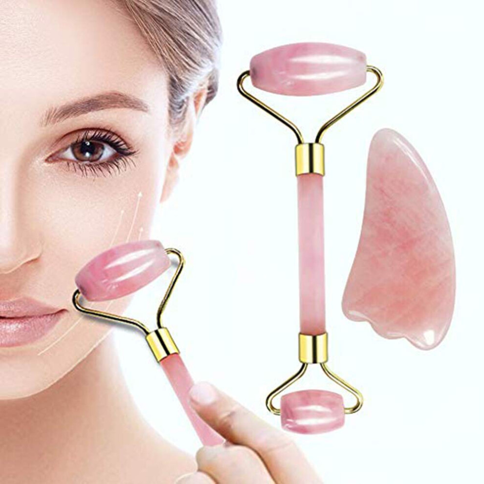 Rose Quartz Jade Roller and Gua Sha Set for AntiAging, Wrinkle and Puffiness Reduction