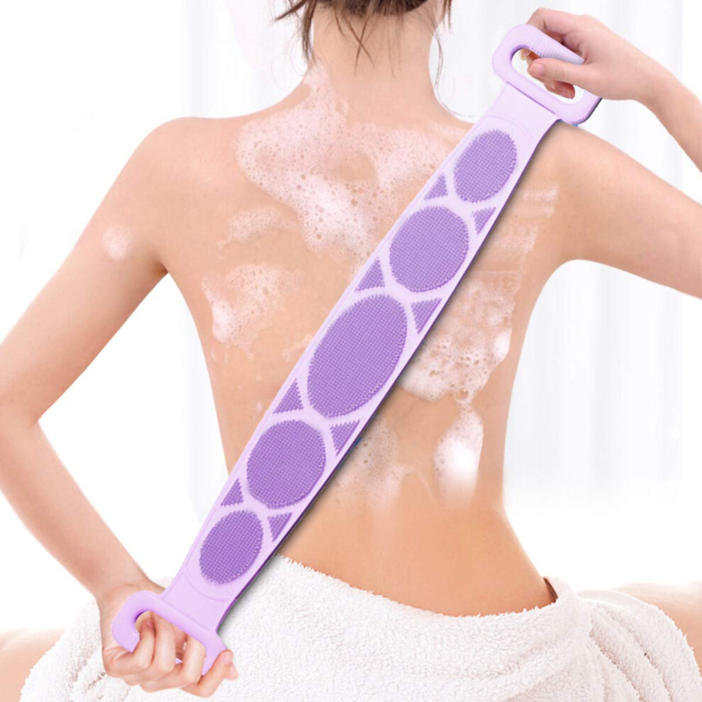 Purple Long Silicone Back Scrubber For Shower With Dualsided Bristles Gentle Exfoliating
