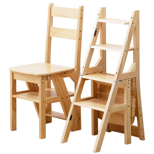 Wooden Folding Ladder Chair 4Step Solid Wood Step Stool MultiFunction Library Display Stand