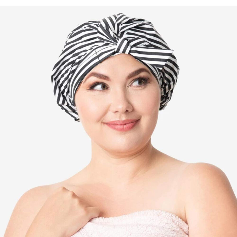 Waterproof Shower Cap for Women with Stylish Bow, Reusable Black and White, Flexible Elastic Fit