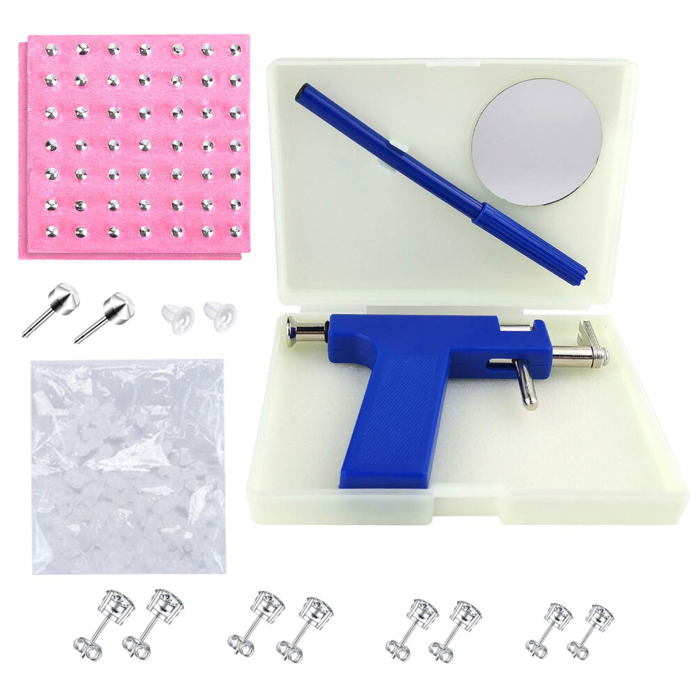 Blue Ear Piercing Kit With Stainless Steel Piercing Gun, 98 Studs And Zircon Earrings For Multiarea Use