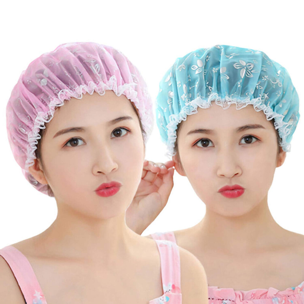 Blue Waterproof Reusable Shower Cap For Women With Elastic Fit, Doublelayer Design, 2 Pack
