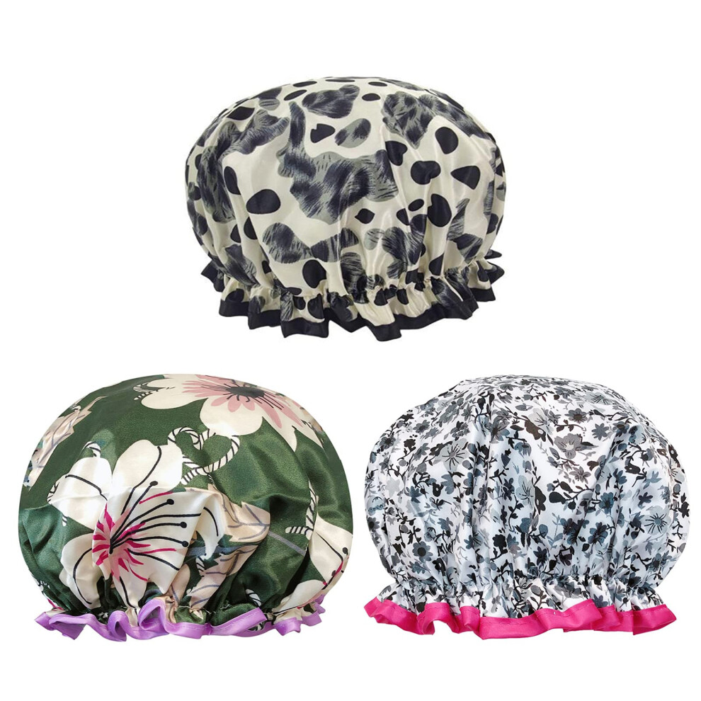 Waterproof Shower Cap for Long Hair Women, DoubleLayer Reusable Design with Comfortable Elastic Fit, 3 Pack
